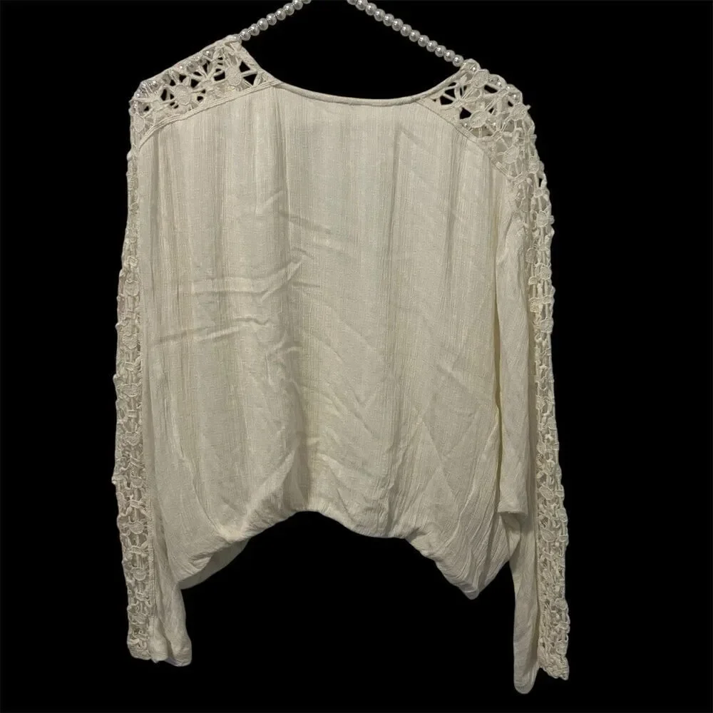 Free People Runaway Wrap Blouse Womens Size S White Crochet Dolman Sleeve Boho